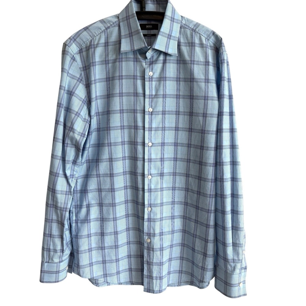 Hugo Boss‎ Jango Slim Fit Button Shirt 15.5 39 Plaid Office Casual Career Staple